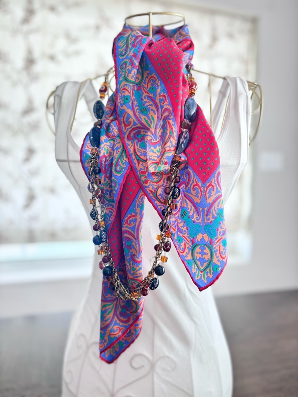 Boho Statement Necklace Iolite DZI Agate Layered Beaded 36” Boutique Style